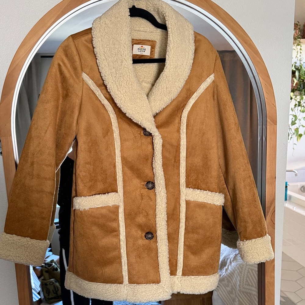 Marine Layer Penny Lane Faux Suede Shearling Coat in Chestnut - size small